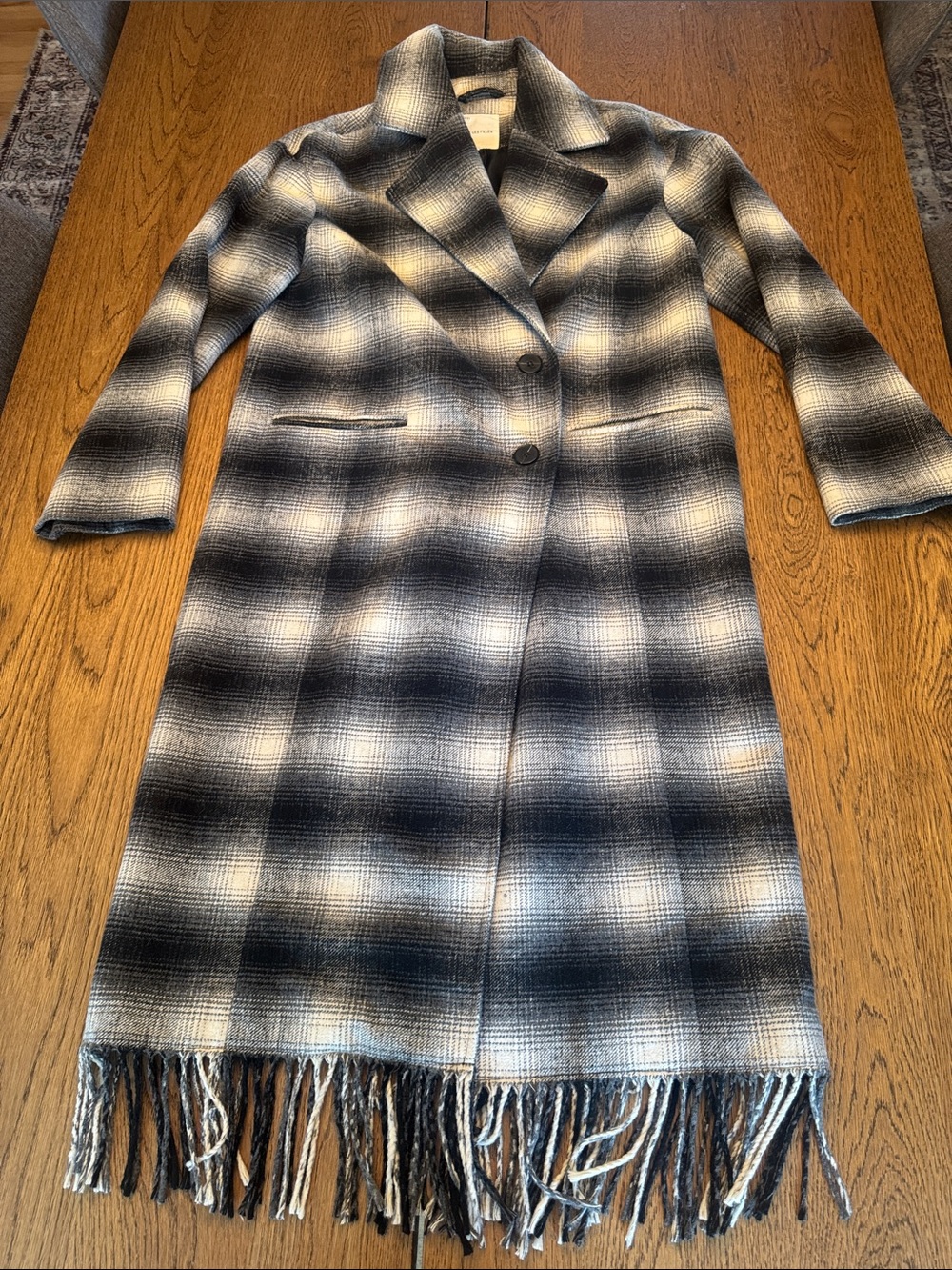 Avec Les Filles Black & White Plaid Fringe Trench Coat